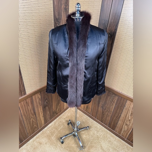 BEAUTIFUL VINTAGE DARK BROWN CORDED CORDUROY MINK & FOX COLLAR FUR COAT JACKET M - Picture 6 of 10